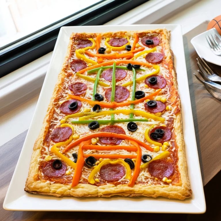 A delicious Basketball Court Pizza, bubbly with cheese and pepperoni as basketballs.