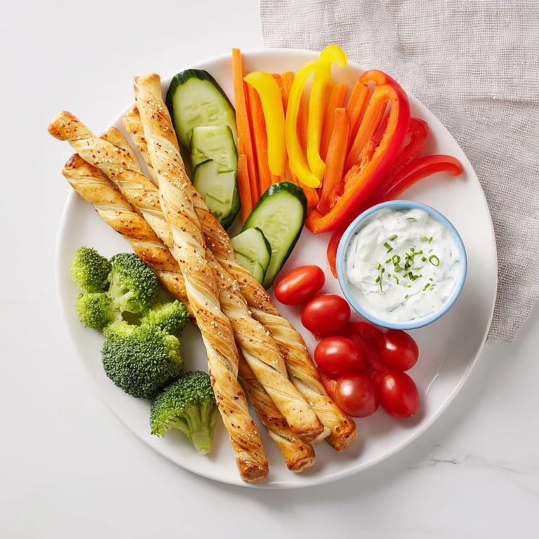 Crunchy raw Dinosaur Bone Prehistoric Crudités, a healthy and fun appetizer with colorful vegetables and breadsticks.
