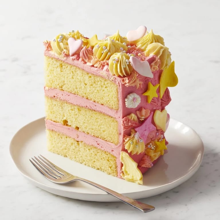 A close-up of the whimsical Château de Princesse Cœurs et Étoiles cake, frosted with yellow buttercream.