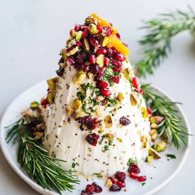 Festive Christmas tree appetizer with rosemary, cranberries, and creamy cheese, perfect for a holiday party.