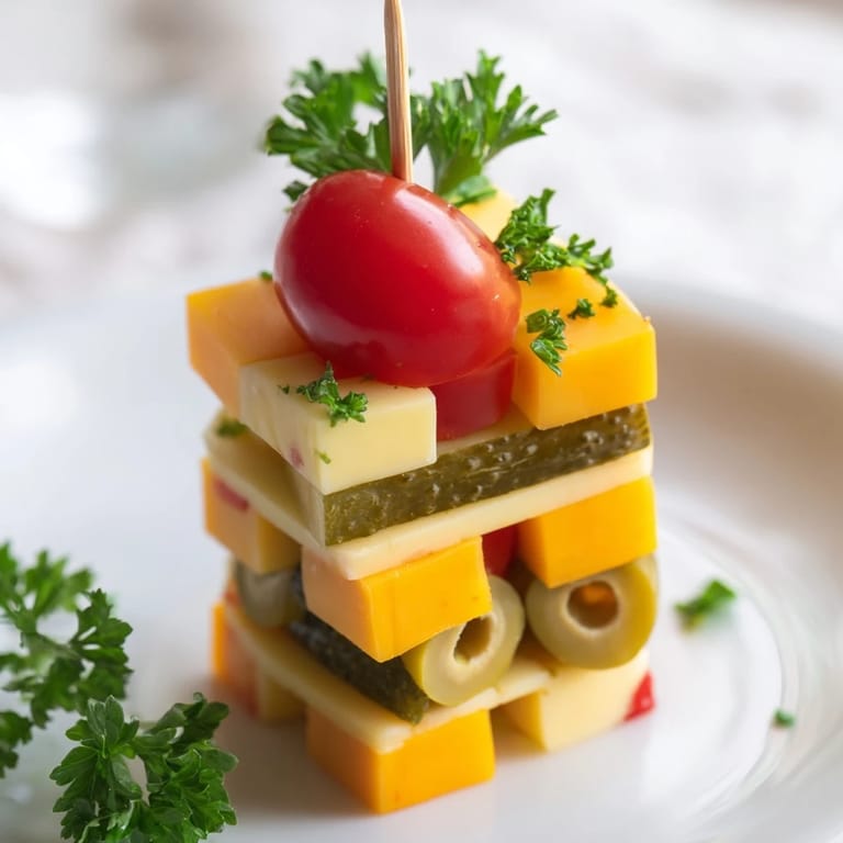 Vibrant Festive Cube Cheese Stack with cherry tomatoes, olives, and cheese, ready to serve.