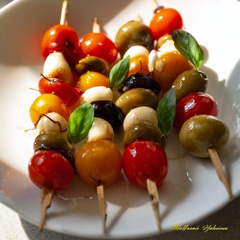 Close-up of bright Christmas Lights Olive and Tomato Skewers, a fun vegetarian appetizer for the holidays.