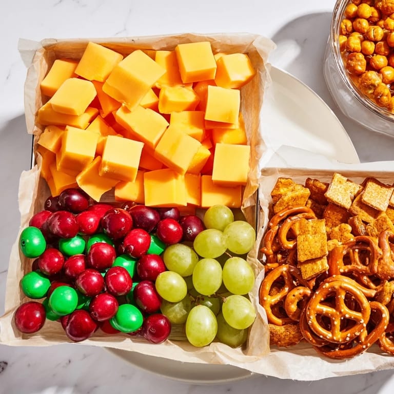 Layers of savory and sweet treats create a delicious Stacked Christmas Gift Snack Tower for holiday entertaining.