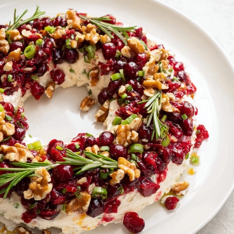 Perfectly arranged Cranberry Feta Dip Wreath, a delicious appetizer with fresh rosemary sprigs.