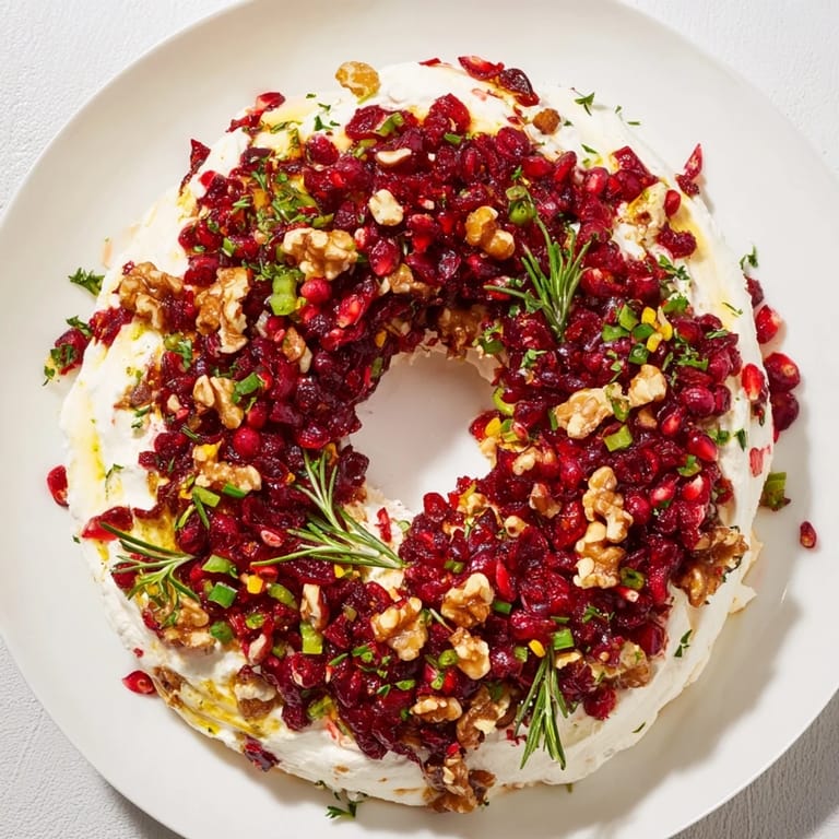 Tangy cranberry topping on a holiday Cranberry Feta Dip Wreath, ready for cracker dipping.