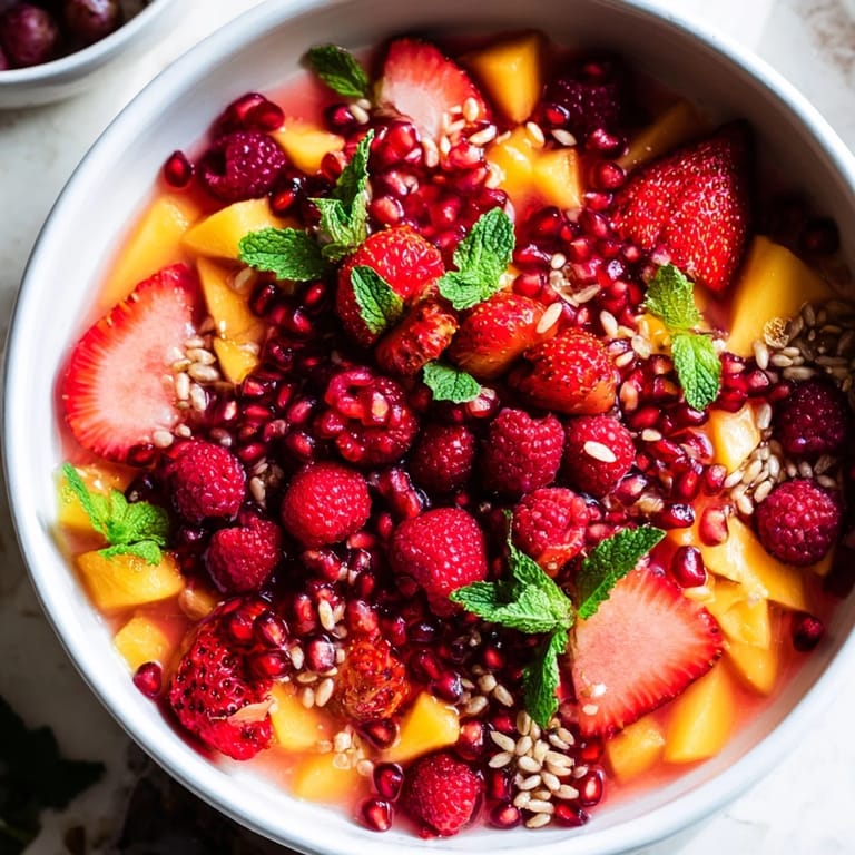 Delicious Festive Poinsettia Fruit Bowl with juicy mango and vibrant berries, perfect for a festive occasion.