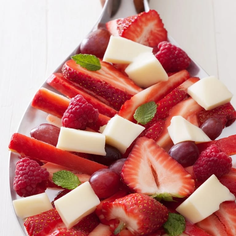 Vivid Candy Cane Stripe Fruit and Cheese, with alternating colors, ready to serve as a party appetizer.