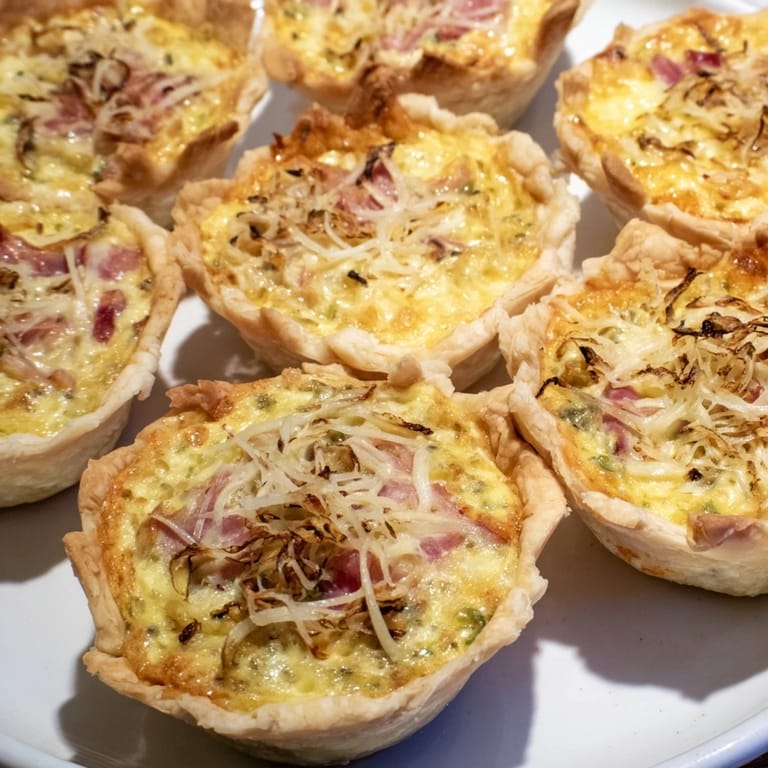 Golden baked mini quiches artfully arranged on a holiday board, garnished and ready to serve.