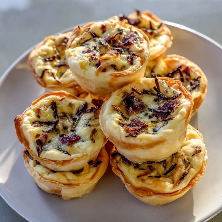 Savory mini quiche recipe, featuring a holiday village board with colorful toppings and fresh herbs.