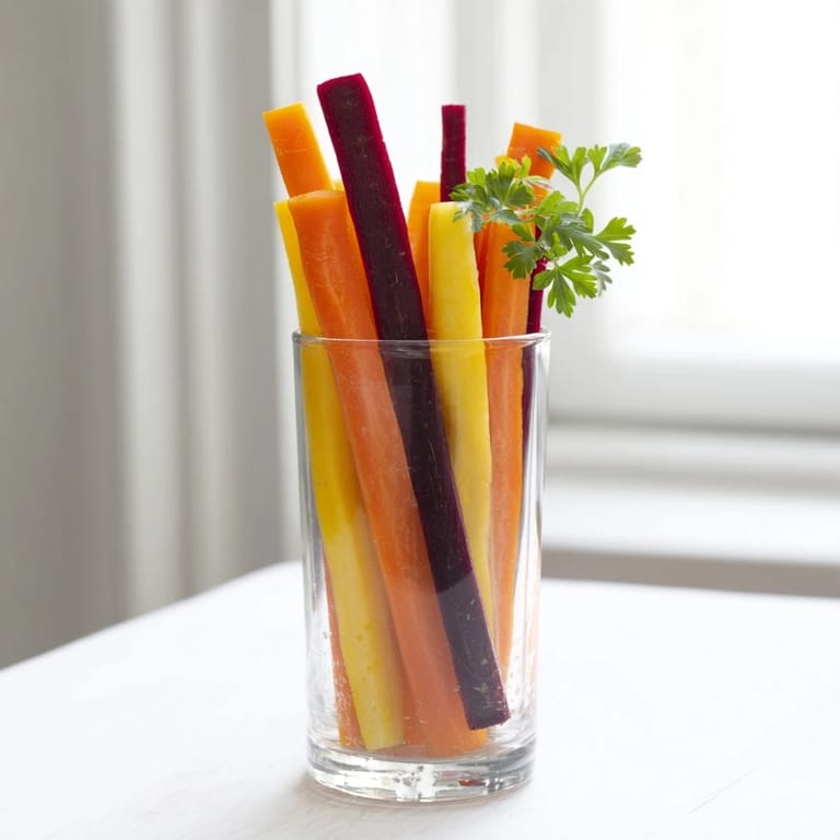 Crisp Simple Crudités: Vivid carrot sticks fill tall glasses, the perfect party snack, ready to eat.