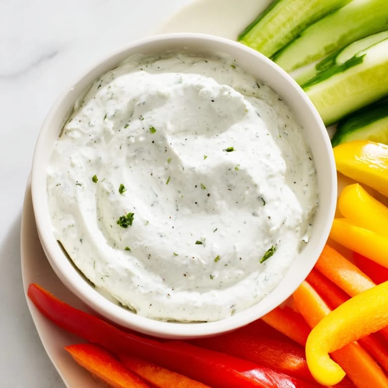 Kids Dip recipe: Close-up of veggie sticks surrounding a bowl of creamy, homemade ranch dip.