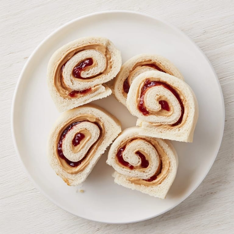 Vibrant photo of sliced peanut butter and jelly pinwheel rolls, a simple and kid-friendly snack.