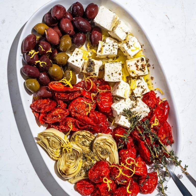 Vibrant color: A close-up shot of the Black Olive and Sun-Dried Tomato Platter appetizer, ready to enjoy.