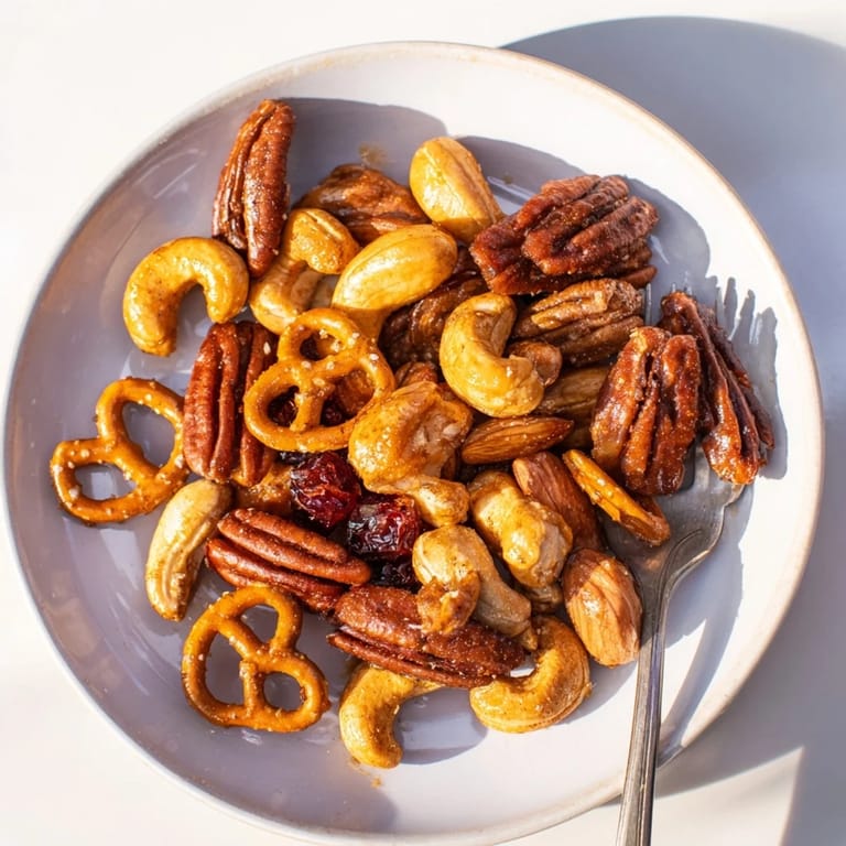 Close-up of a Sweet and Salty Holiday Nut Bowl, showcasing glistening nuts tossed with sweet spices for holiday gatherings.