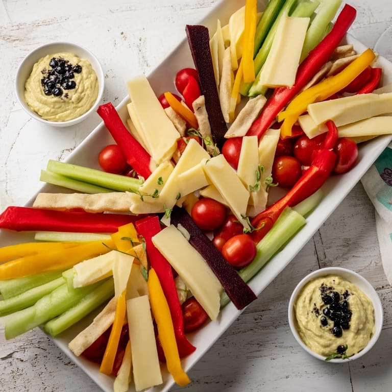 Appetizing zig-zag lightning strike platter with colorful vegetables, cheeses, and dips ready to serve.