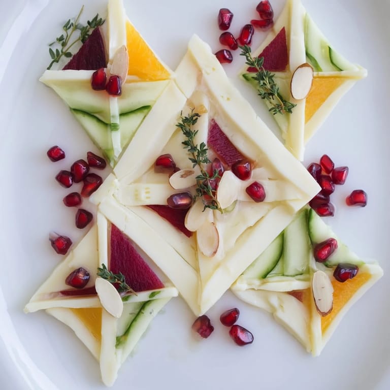 Vibrant The Tessellation Triangle appetizer arranged in a stunning pattern with cheese and fresh fruit.