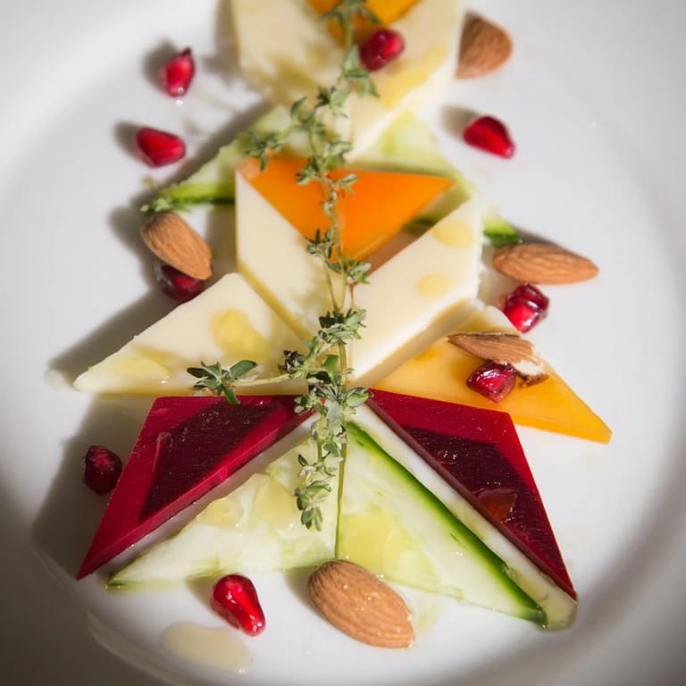 Artistic The Tessellation Triangle featuring geometric cheese, vegetables, and fruit for a fun appetizer.