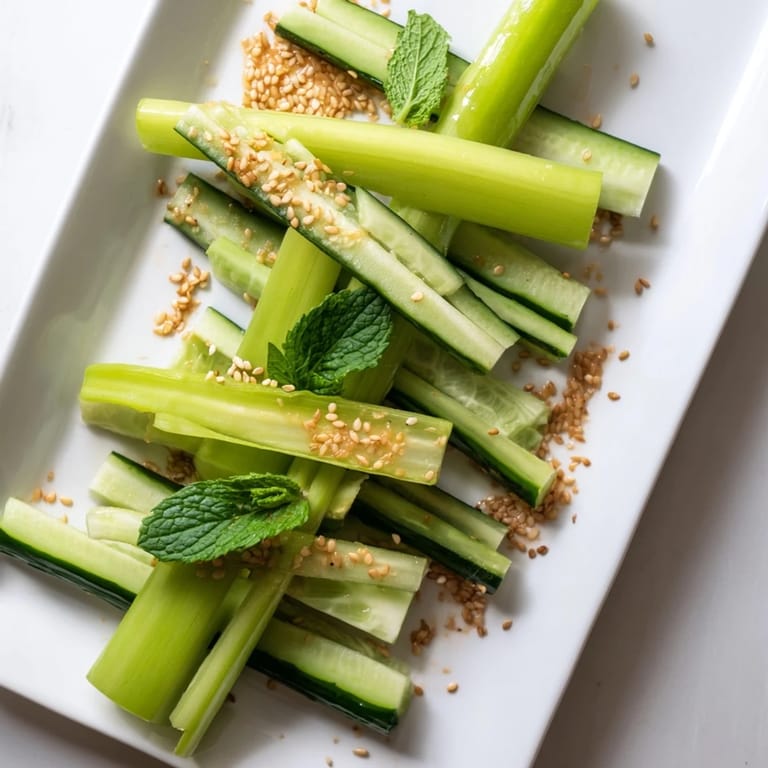 Minimalistisch arrangierte The Bamboo Zen-Sticks, angerichtet mit optionalen Sesamsamen und Minze, kühl serviert.