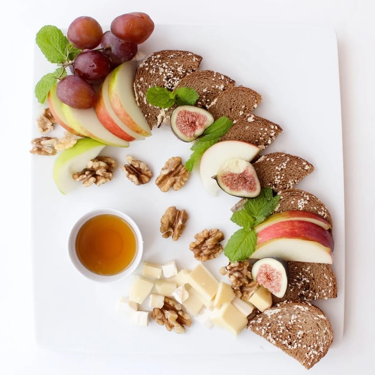 A rustic Harvest Scythe fruit and bread platter overflowing with ripe fruits, grains, and artisan breads.