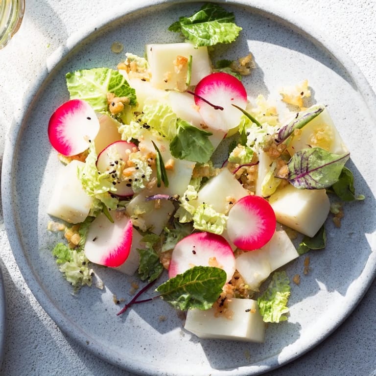 Chilled The Tundra Trek salad, showcasing thinly sliced daikon and kohlrabi with delicate microgreens.