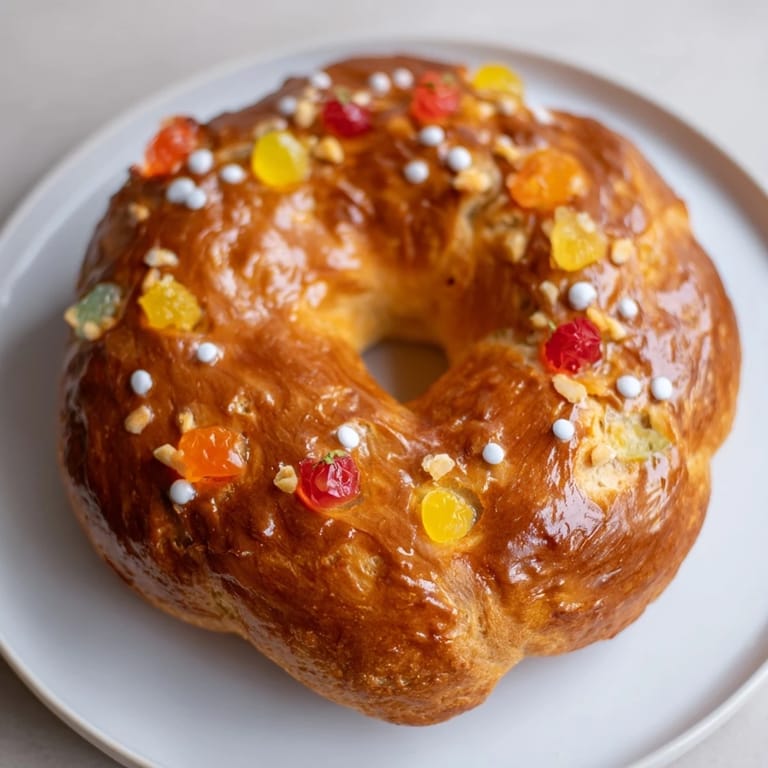 This festive Couronne de Roi Bijoux Sucrés recipe features a glistening, jeweled sweet bread, ready to enjoy.