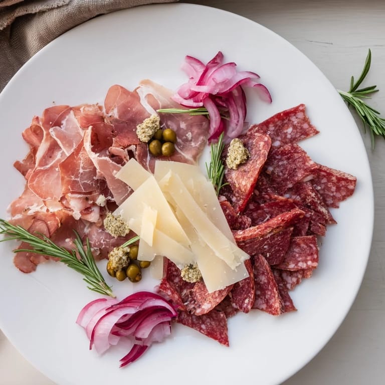 A rustic The Burlap & Lace appetizer platter—featuring smoky meats, tangy cheeses, and vibrant garnishes, ready to savor.