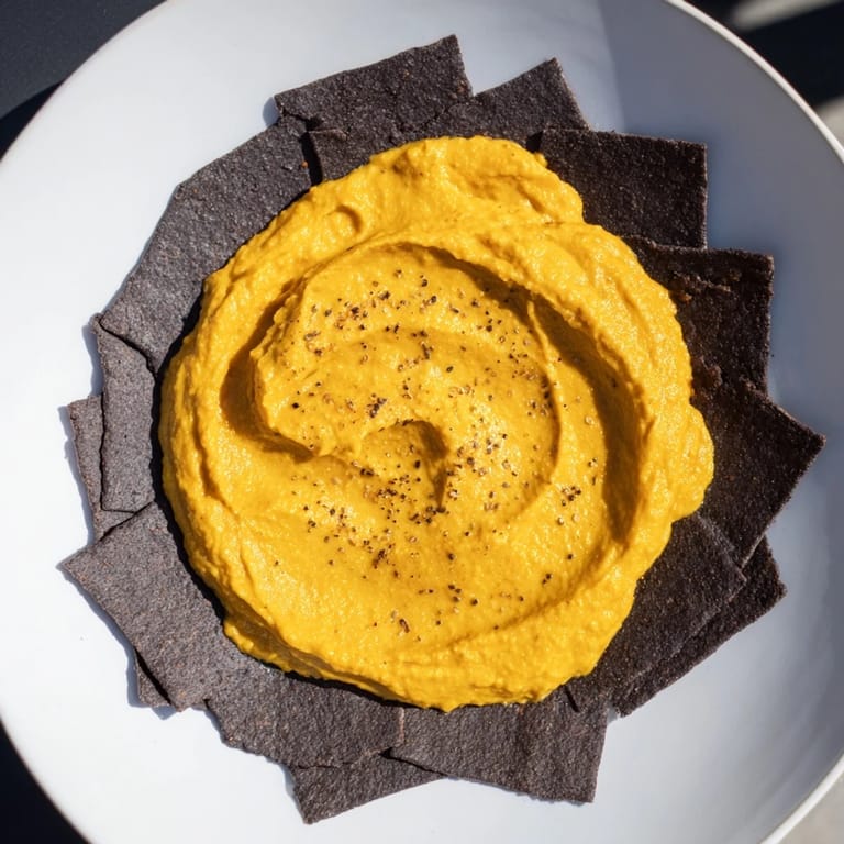 "The Midnight Sun" appetizer: charcoal crackers framing a vibrant carrot and turmeric dip; a stunning visual spread.