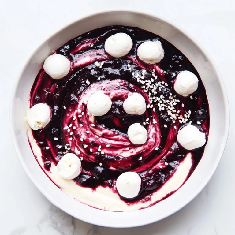 Enjoy a visually stunning Galaxy Spiral: creamy yogurt swirled with dark jam, dotted with goat cheese.