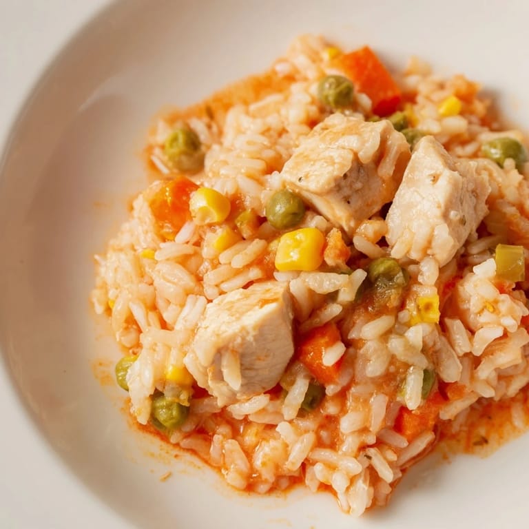 Steaming one-pot chicken and rice, a budget-friendly meal with mixed veggies and flavorful broth.