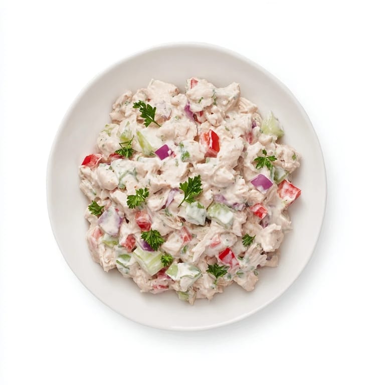 Homemade canned chicken salad, piled high with vegetables and sprinkled with fresh parsley.