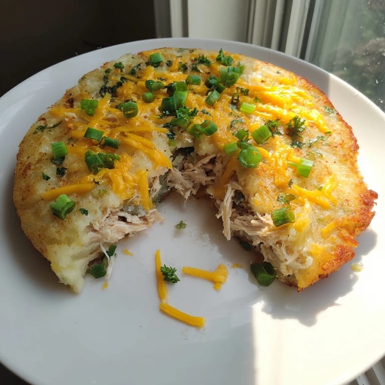 A close-up of delicious Potato and Chicken Cakes, showing the texture of fried potato and chicken.