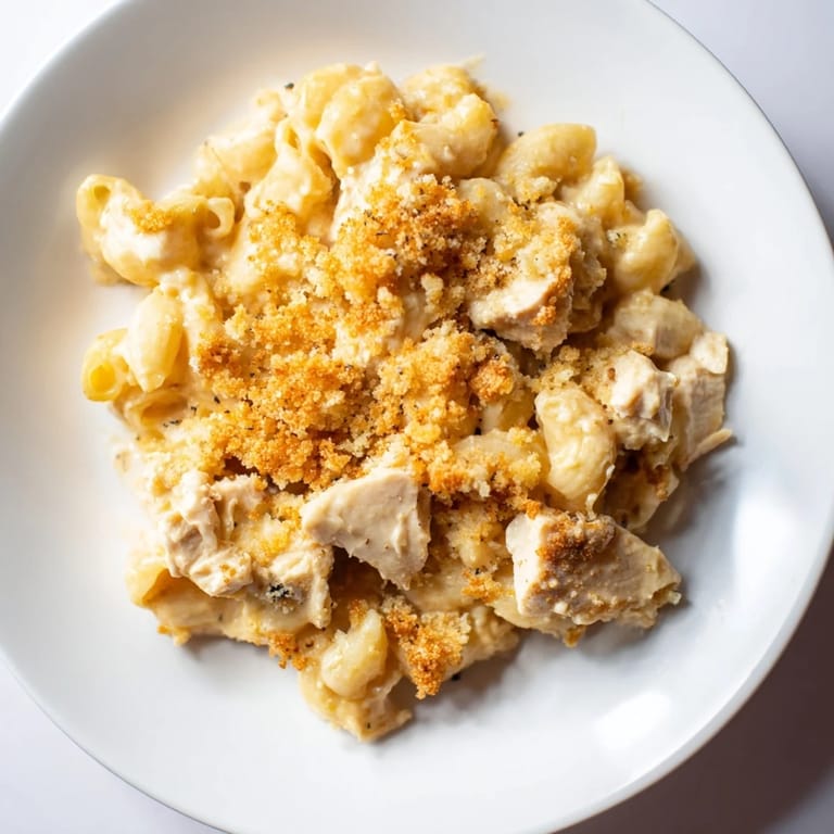Close-up of a warm bowl of Struggle Meal Chicken Macaroni with melted cheese and tender chicken.