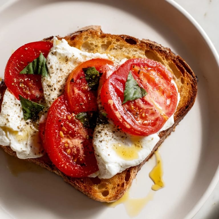A beautiful close-up of Tomato Burrata Toast, showcasing the soft burrata and ripe tomato slices on toasted sourdough.