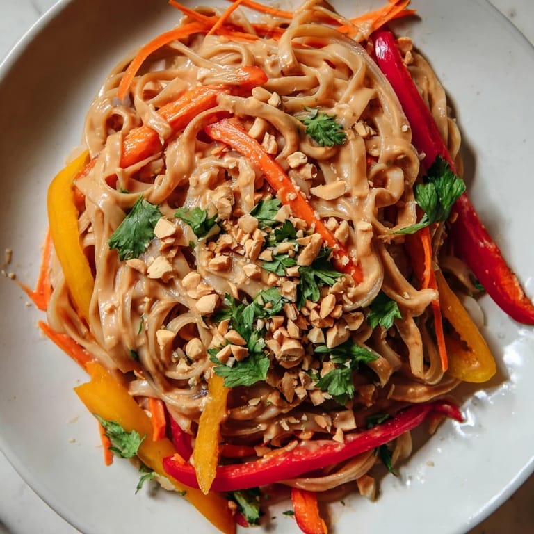Steaming bowl of Spicy Peanut Noodles with vibrant vegetables, peanuts and fresh cilantro.