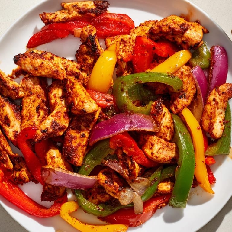 Sheet pan Chicken Fajitas, showcasing tender chicken with colorful roasted bell peppers and onions.