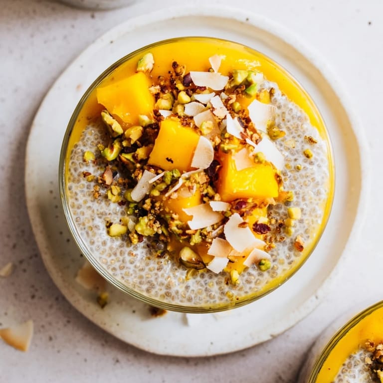 A vibrant photo of a chilled Mango Coconut Chia Pudding, perfect for a refreshing vegan breakfast.