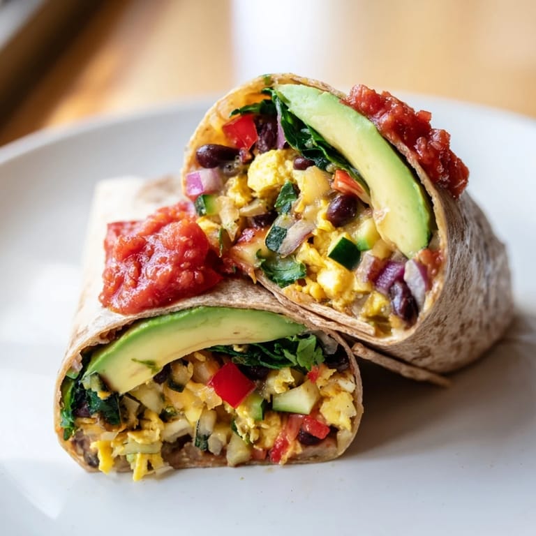 A warm, delicious Veggie-Loaded Breakfast Burrito, showing a perfect slice revealing its savory fillings.