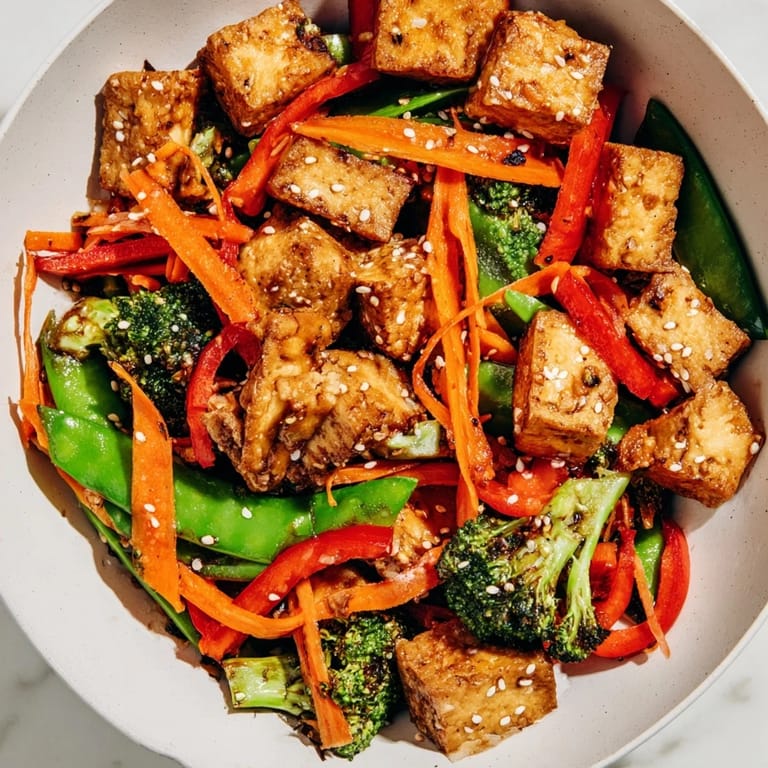 A steaming bowl of sesame ginger tofu stir-fry, showcasing golden tofu and fresh, vibrant ingredients.