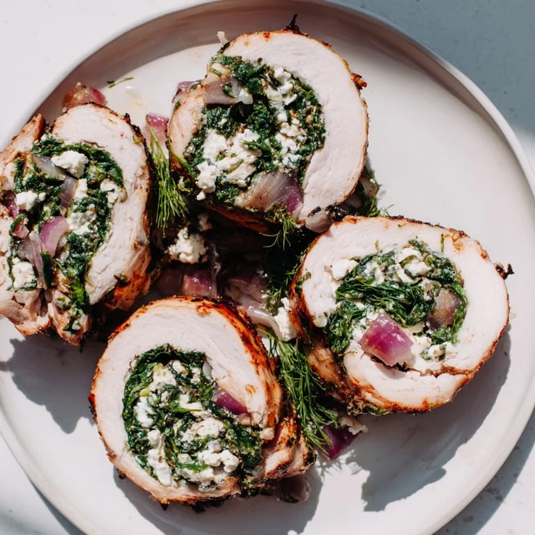 Close-up of baked Spinach Feta Stuffed Chicken, showing the creamy feta filling inside the juicy roll.