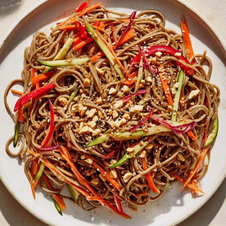 Chilled Cold Noodle Salad with Sesame-Ginger Dressing, featuring fresh vegetables and a zesty dressing.