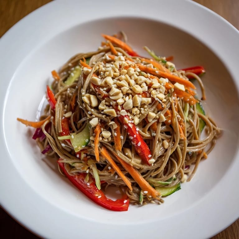Enjoy this delicious, refreshing Cold Noodle Salad with Sesame-Ginger Dressing, tossed and ready to eat.
