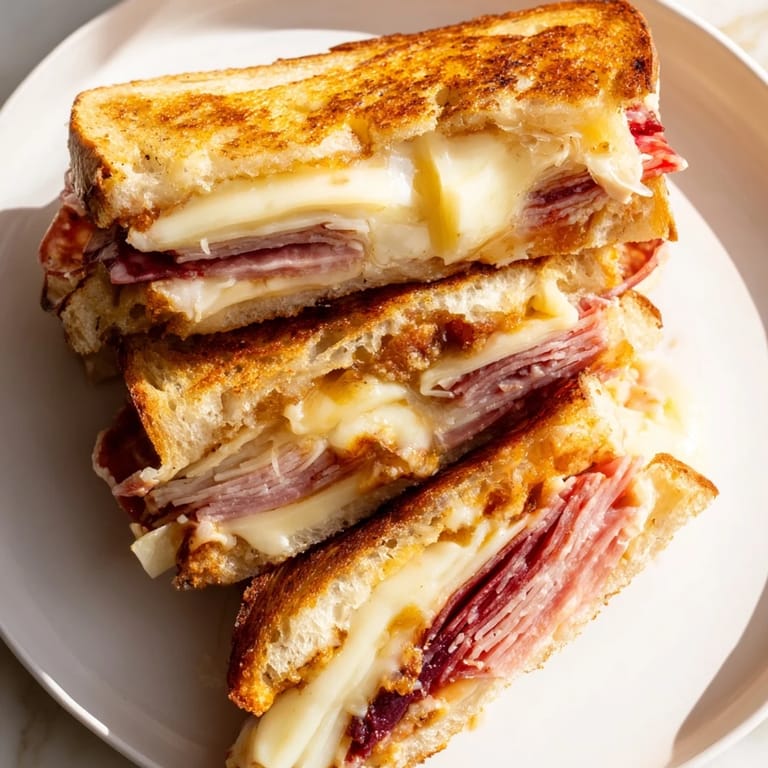 Crispy, golden-brown bread with a rich Charcuterie Grilled Cheese, served alongside a crisp wine.