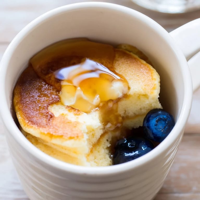 A warm, close-up shot of a microwave mug pancake, drizzled with maple syrup, perfect for a quick snack.