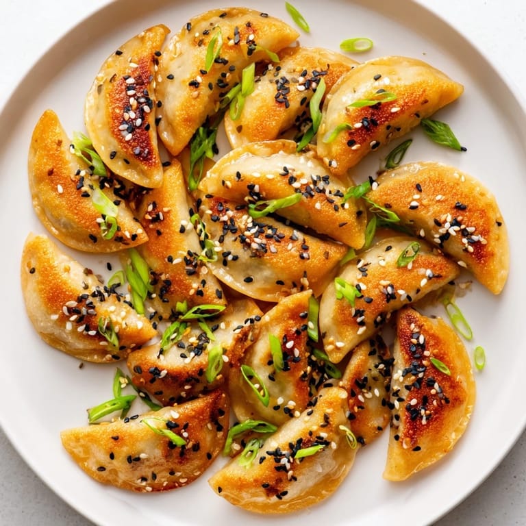 Golden brown air fryer frozen dumplings with a glistening sesame oil glaze, ready to enjoy.