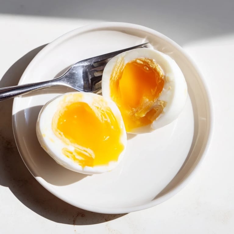 Nahaufnahme von goldgelben Air Fryer Boiled Eggs, bereit zum Pellen und Servieren auf dem Tisch.