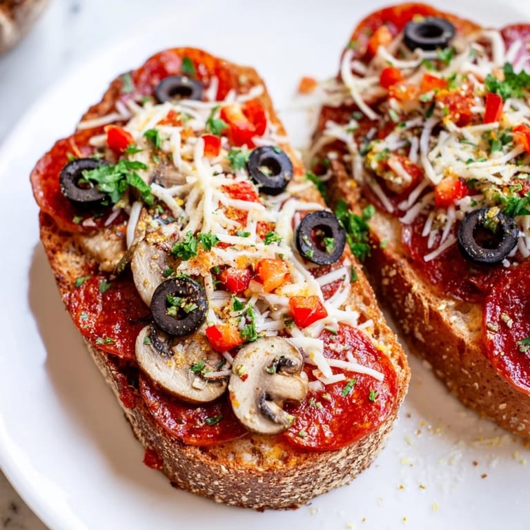 Close-up of crispy, cheesy Air Fryer Pizza Toast slices, perfect for a quick and satisfying lunch.