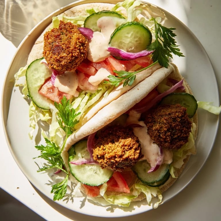 Warm pita bread overflowing with vibrant falafel and tahini sauce, representing a flavorful Middle Eastern falafel pocket.