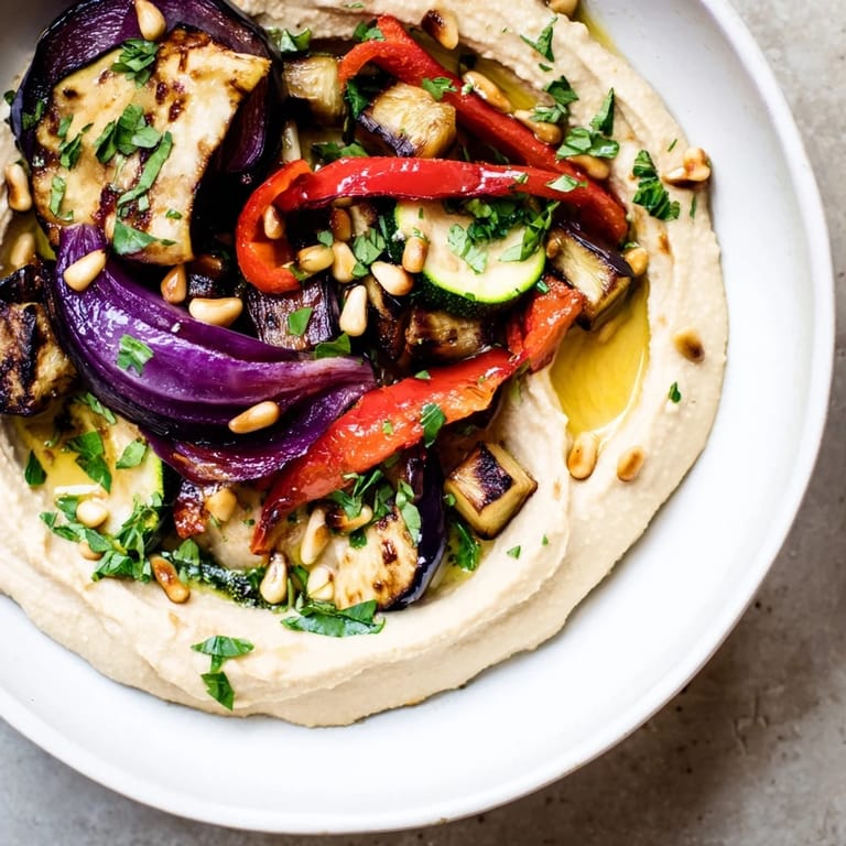 Beautifully plated Hummus Roasted Veggies showcase smoky, tender bell peppers, zucchini, and eggplant on a creamy hummus base.