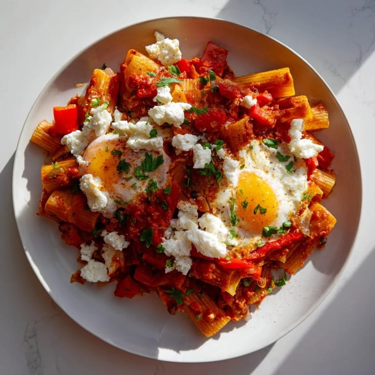 Bright red Shakshuka Baked Pasta, topped with melted mozzarella and fresh herbs, ready to serve.