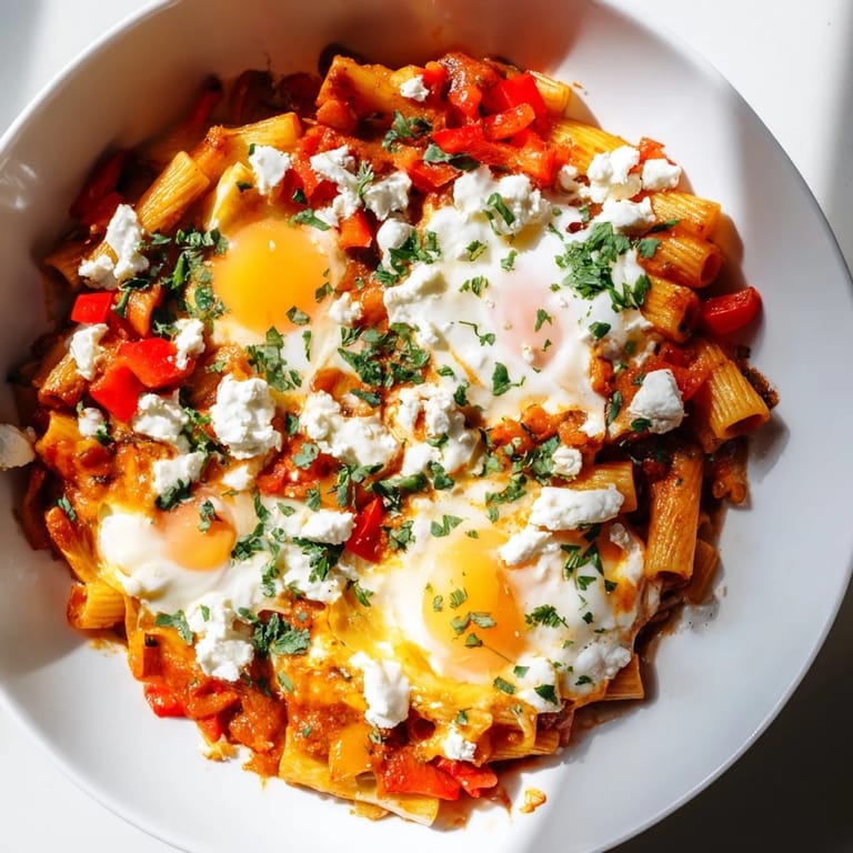 Warm, flavorful baked pasta shakshuka, showcasing a fusion of Middle Eastern and Italian flavors.